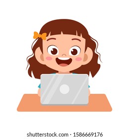 happy cute kid girl using laptop to do homework