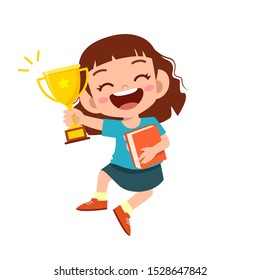 happy cute kid girl win game gold trophy