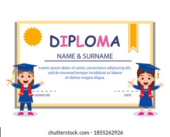Happy cute kid graduate girls standing on diploma certificate isolated on white background