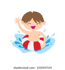 happy cute kid with inflatable floats in the beach