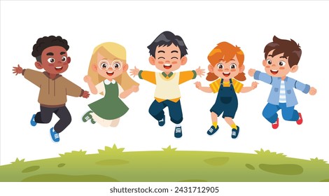 Happy cute kid jumping together. vector illustration