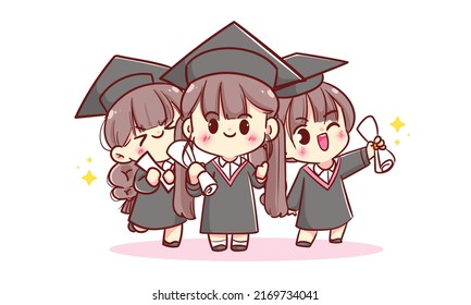 Happy cute kid kawaii children in graduation gown and cap at graduation ceremony hand drawn cartoon character illustration