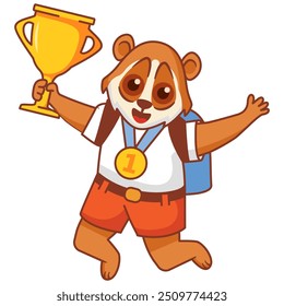 Feliz garoto bonito lori ganhar jogo de ouro trophy.Little lori personagem com medalha de ouro segurando um trophy.Animal esporte vencedor.Isolado em branco fundo.Desenho animado ilustração vetor.