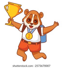 Happy cute kid lori win game gold trophy.Lori character with gold medal holding up a gold cup trophy.Isolated on white background.Cartoon vector illustration.The winner with an award