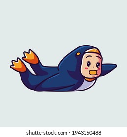 happy cute kid in penguin costume. cartoon illustration