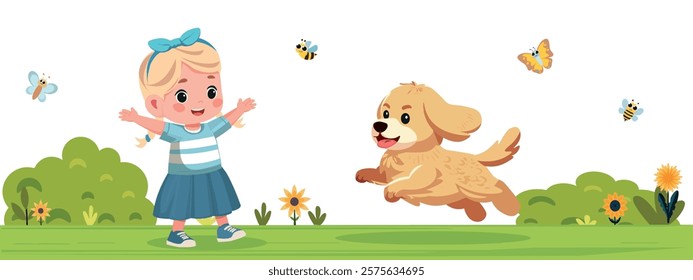 happy cute kid play with dog outdoors