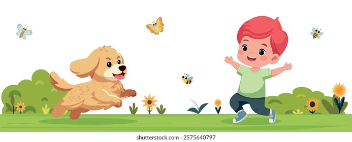 happy cute kid play with dog outdoors