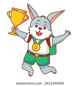 Happy cute kid rabbit win game gold trophy.Little rabbit character with gold medal holding up a gold cup trophy.Animal sport winner.Isolated on white background.Cartoon vector illustration.