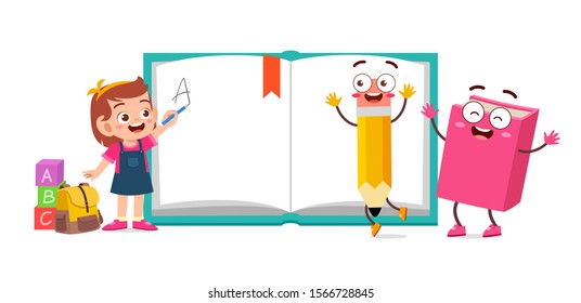 happy cute kid school with book and pencil vector