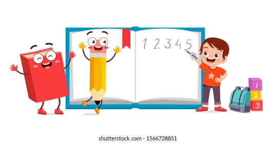 Happy Cute Kid School With Book And Pencil Vector