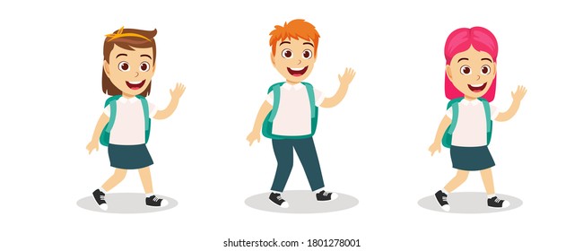 Happy cute kid school boy and girl walking to school