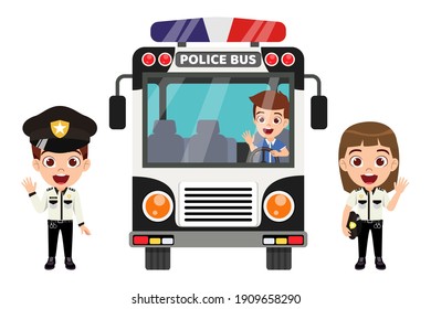 Happy cute kid smart boy and girl character wearing police outfits with cap and waving isolated with police bus
