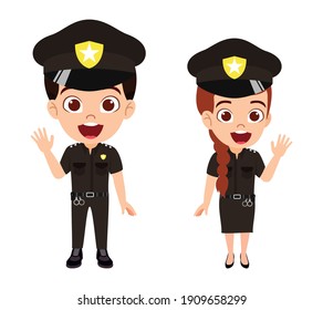 Feliz niño lindo, chico inteligente y personaje de chica usando ropa policial con gorra y saludando aislado y posando