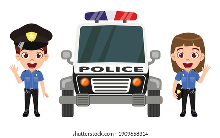 Happy cute kid smart boy and girl character wearing police outfits with cap and waving isolated with police car