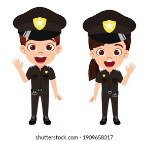 Happy cute kid smart boy and girl character wearing police outfits with cap and waving isolated