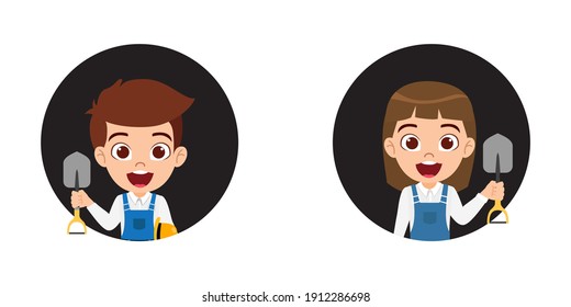 Happy cute kid smart boy and girl character wearing farmer outfits with cheerful expression and waving isolated