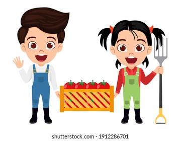 Happy süße Jungs und Mädchen-Charakter mit Farmer-Outfits, mit Tomatenhölzer-Schachtel und winzigen einzeln
