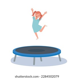 happy cute kid smile jump on trampoline. Flat vector cartoon illustration