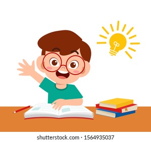 happy cute kid study homework with idea vector