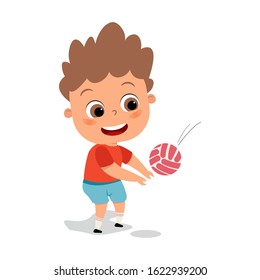 happy cute kid teen play volleyball vector illustration. Sport games. Competition. Little boy play volleyball