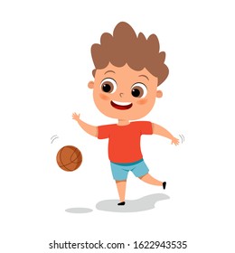 happy cute kid teen play basketball vector illustration. Sport games. Competition. Little boy cartoon play basketball.