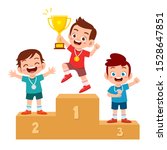 happy cute kid win game gold trophy