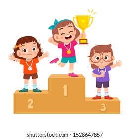 happy cute kid win game gold trophy