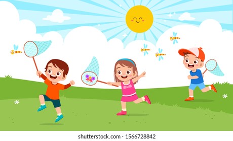 happy cute kids boy and girl catch bug vector