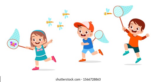 happy cute kids boy and girl catch bug vector