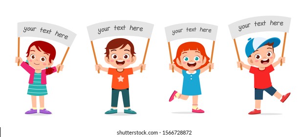 happy cute kids boy and girl carry blank banner vector