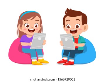 happy cute kids boy and girl using tablet vector