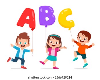 happy cute kids boy and girl holding balloon text vector