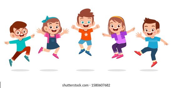 happy cute kids boy and girl jump