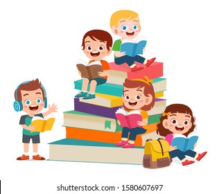 happy cute kids boy and girl read book together