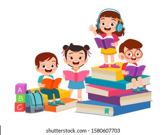 happy cute kids boy and girl read book together