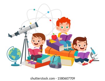 happy cute kids boy and girl read book together