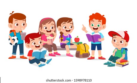 happy cute kids boy and girl read book together