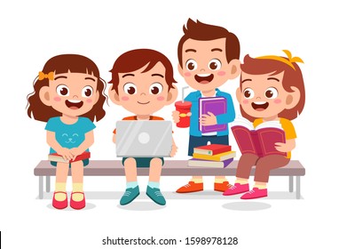 happy cute kids boy and girl read book together