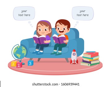 happy cute kids boy and girl study read together