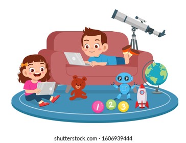 happy cute kids boy and girl use tablet
