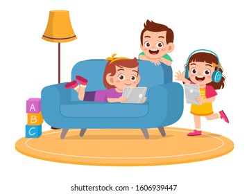 Happy Cute Kids Boy And Girl Use Tablet