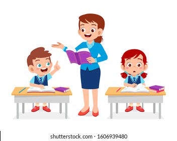 happy cute kids boy and girl study with teacher