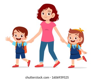 happy cute kids boy and girl go to school with mom