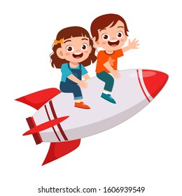 Happy Cute Kids Boy And Girl Ride Rocket