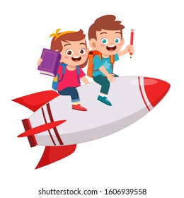 happy cute kids boy and girl ride rocket