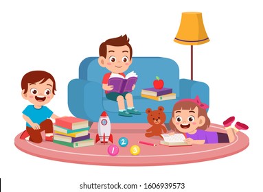 happy cute kids boy and girl study read together