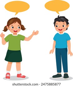 happy cute kids boy and girl talking each other having conversation with speech bubble