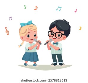 happy cute kids boy and girl sing a song