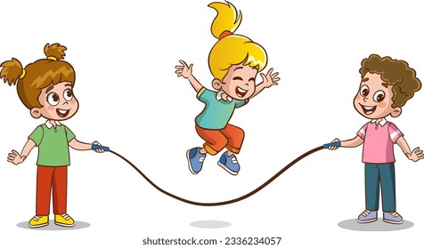 happy cute kids boy and girls play jump rope