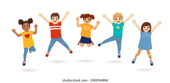 Happy cute kids boys and girls jumping together isolated vector illustration. Multiethnic little children.